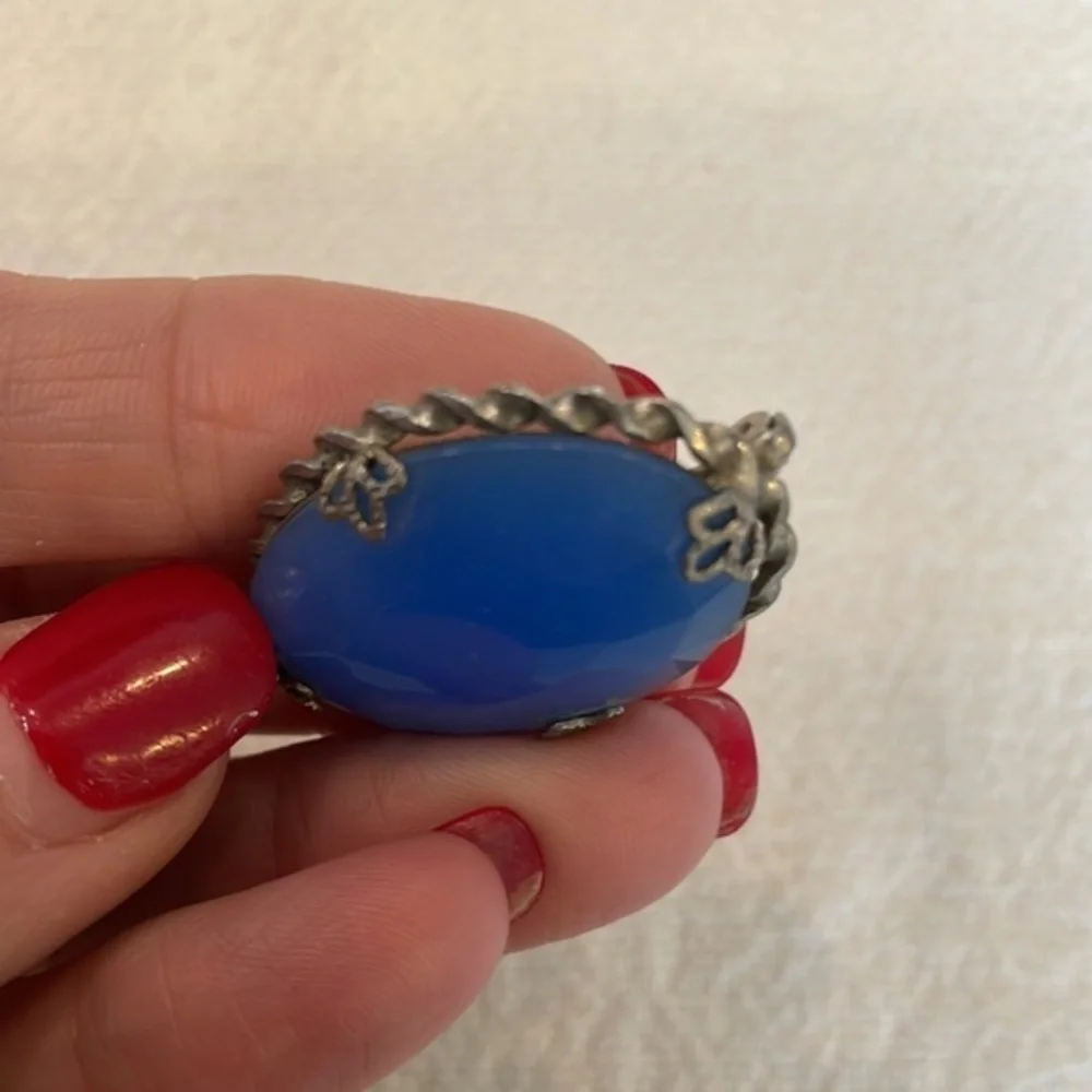 Faceted blue glass dome simple silver tone or pewter edge vintage brooch
